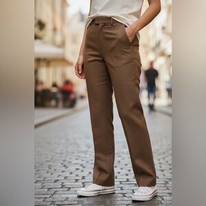 Elegant Vintage High Waisted Women's Tan Wool Straight Leg Pleated Trousers